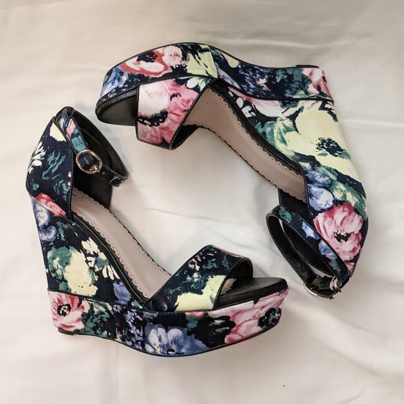 Shoes - Black and floral wedge heel with ankle strap